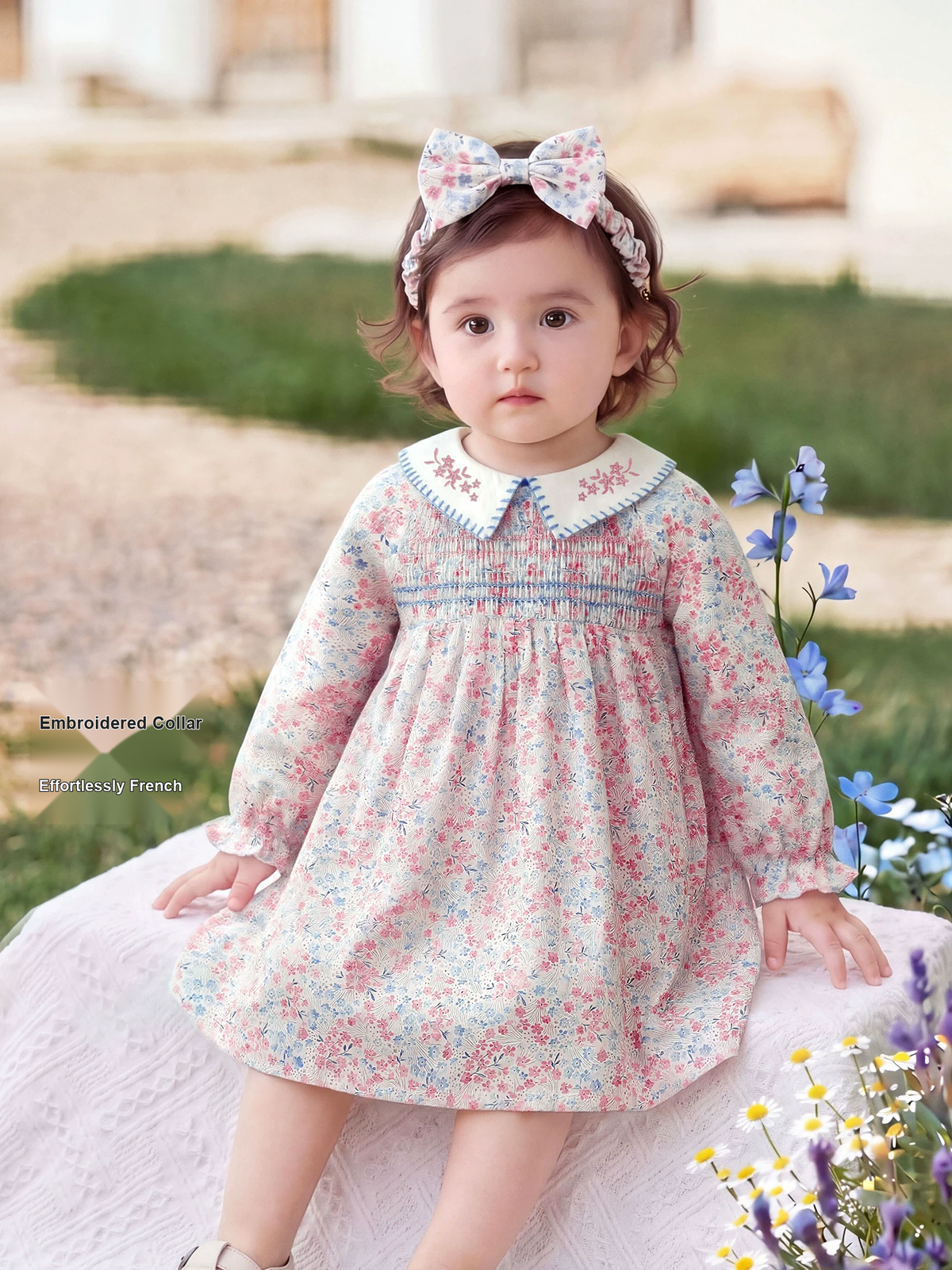 Jellybaby Girls Cotton Dress - French Collar Long Sleeve Autumn Dress