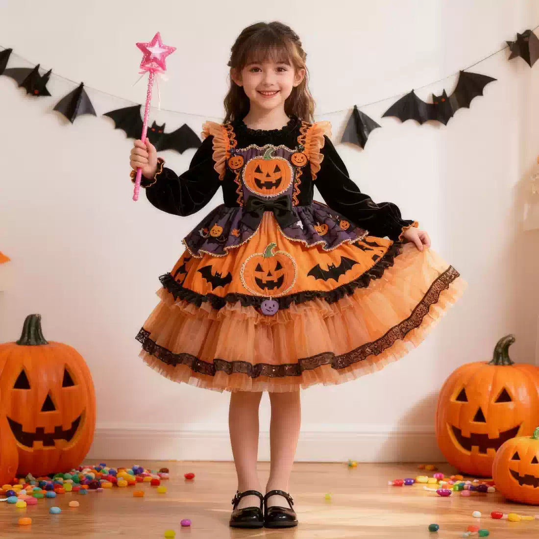 Girls Halloween Pumpkin Lolita Dress - Fleece-Lined Puffy Birthday Princess Gown