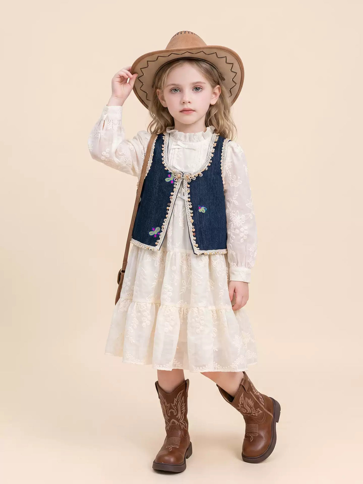 Girls Denim Vest & Lace Dress Set - Autumn Two-Piece