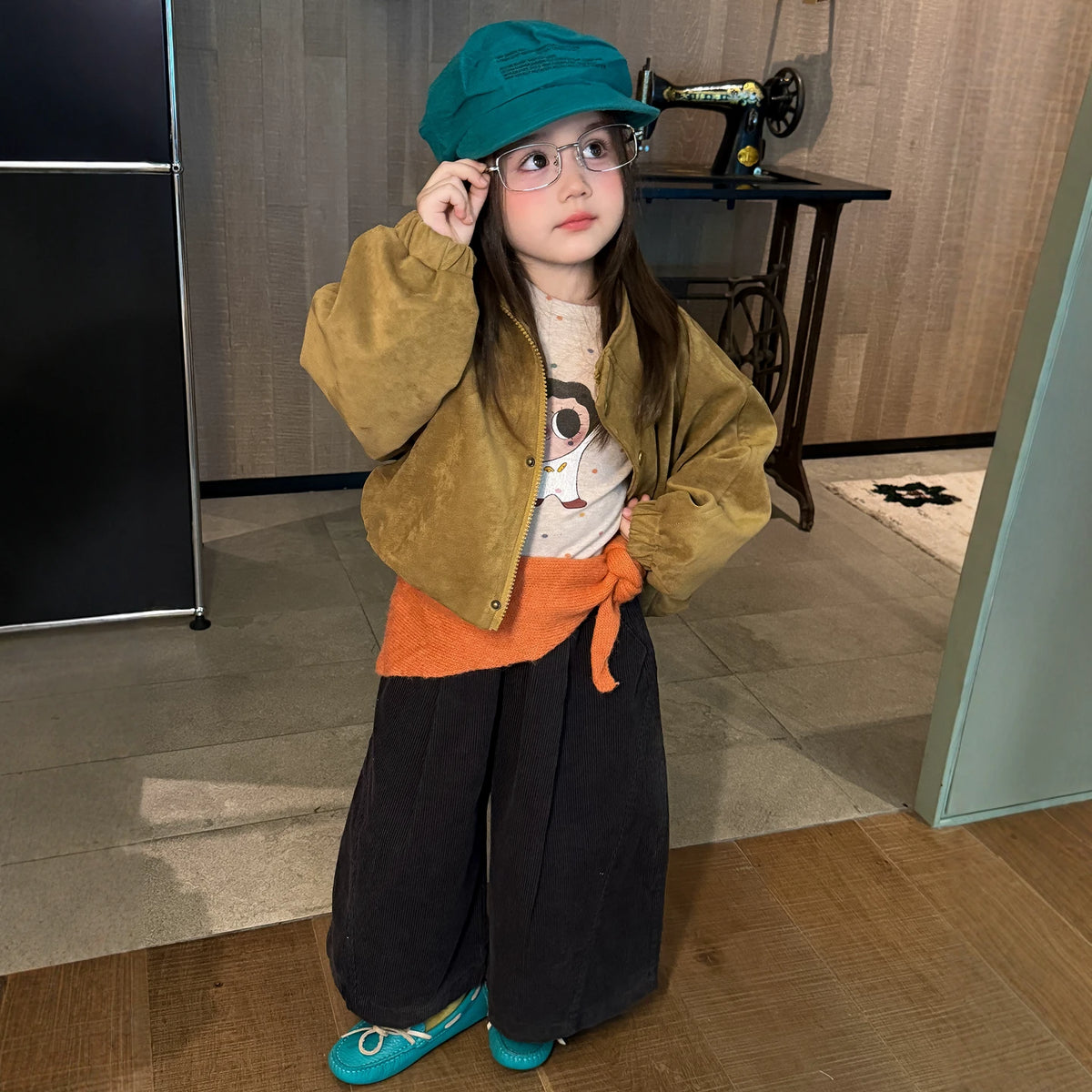 Girls Stand-Collar Suede Zip Jacket & Corduroy Pants Set - Korean Autumn Separates