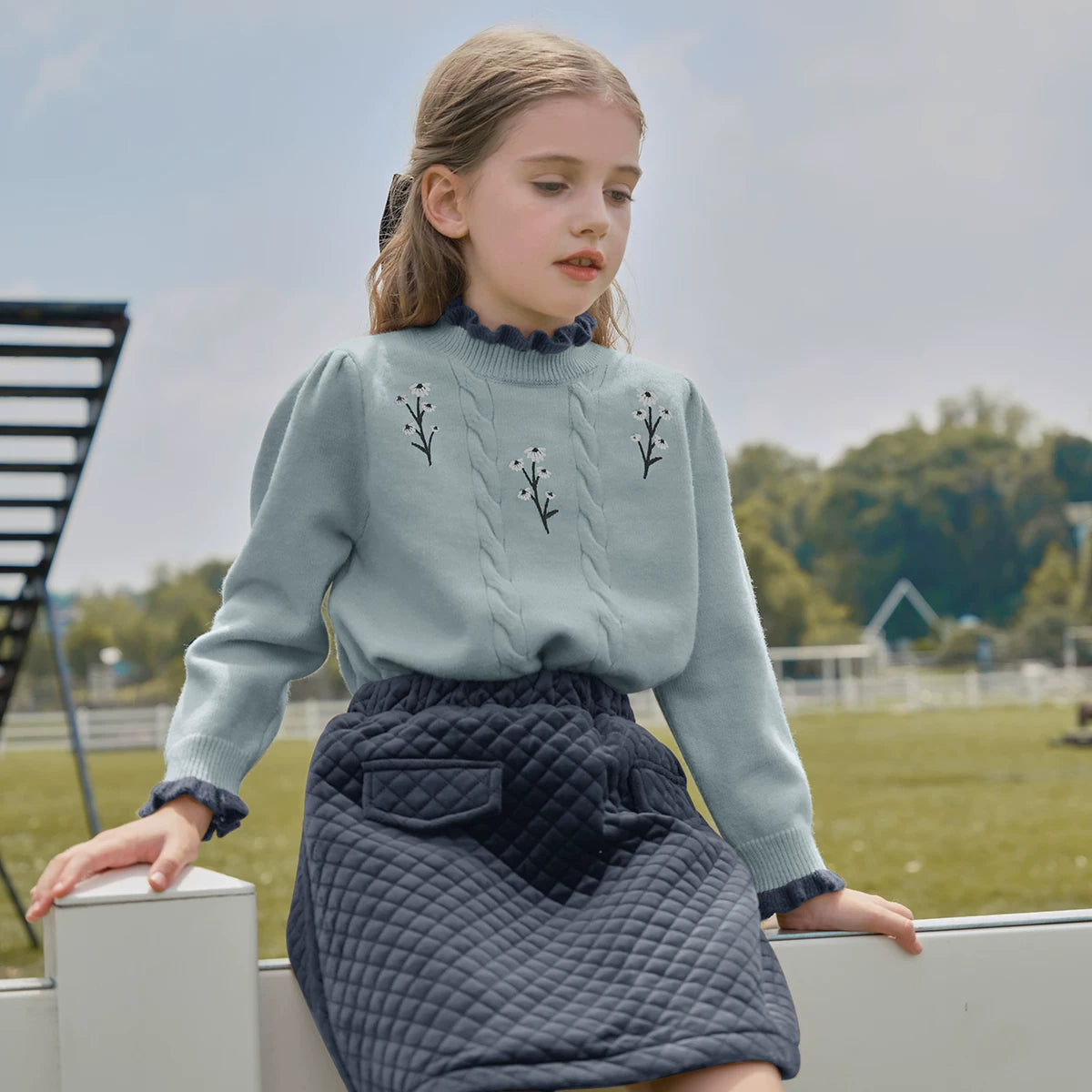 Girls Hand-Knit Crew-Neck Sweater - Embroidered Lace-Trim Pullover