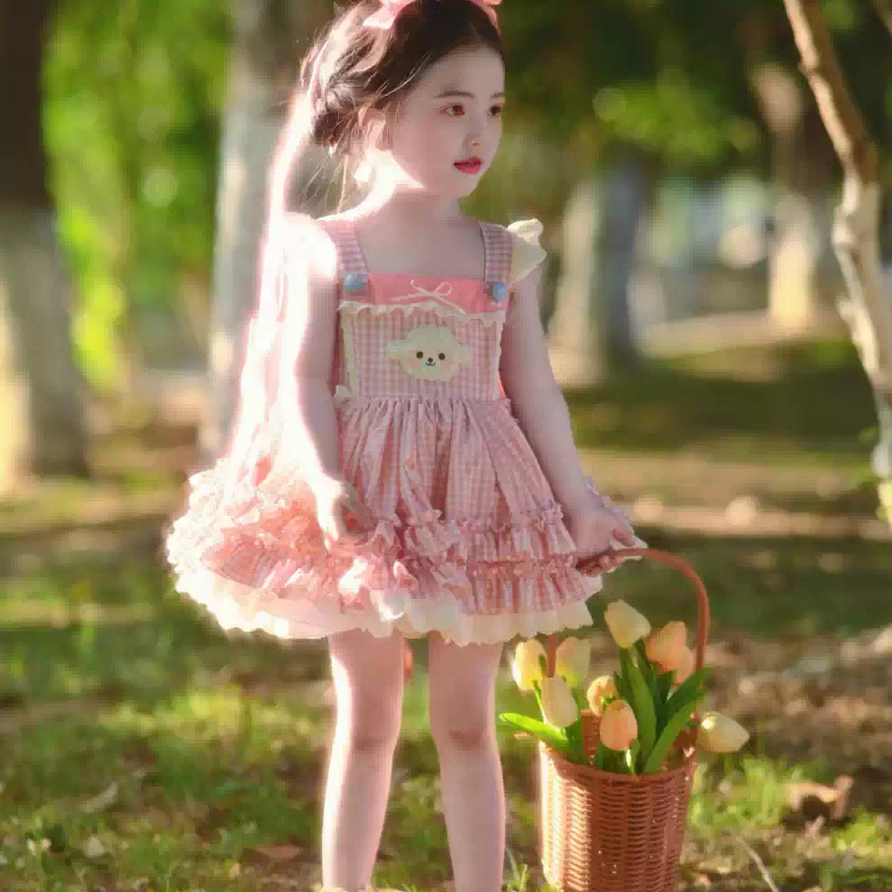 Girls Fresh-Style Lolita Princess Dress - Pink Plaid Puffy Birthday Gown