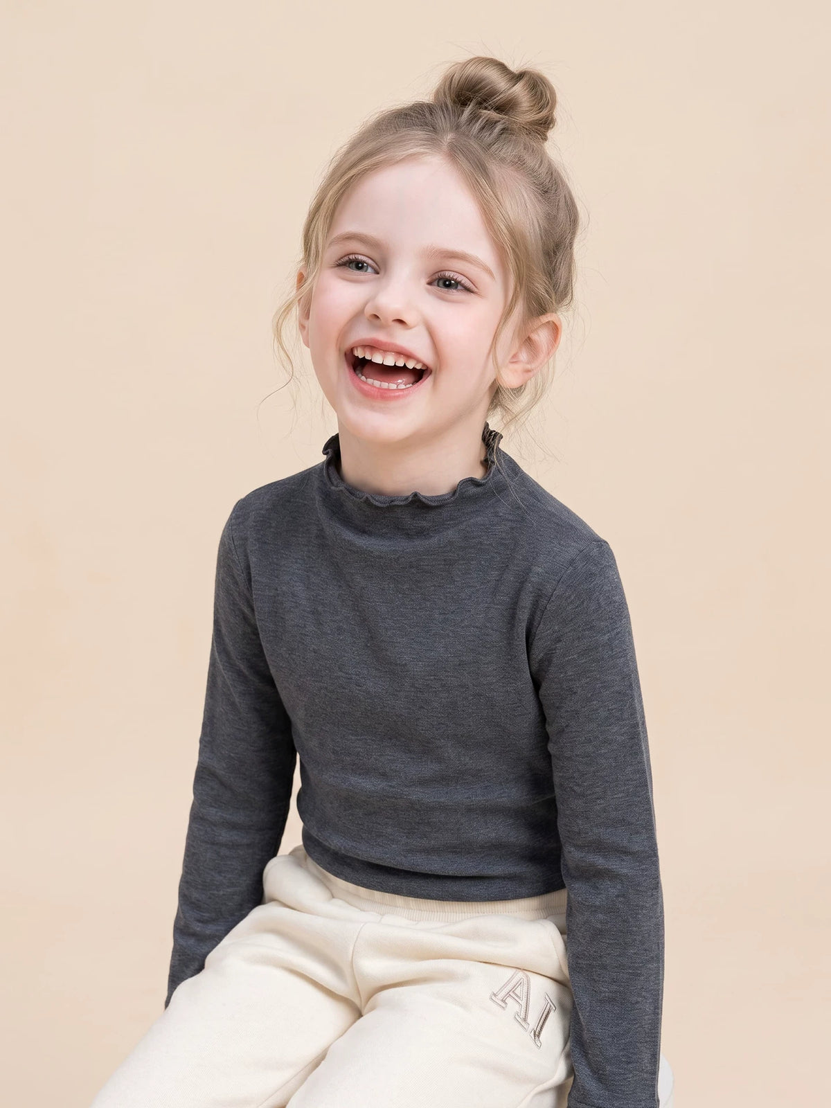 Girls Half-Turtleneck Base Layer - Lettuce-Edge Long-Sleeve Top