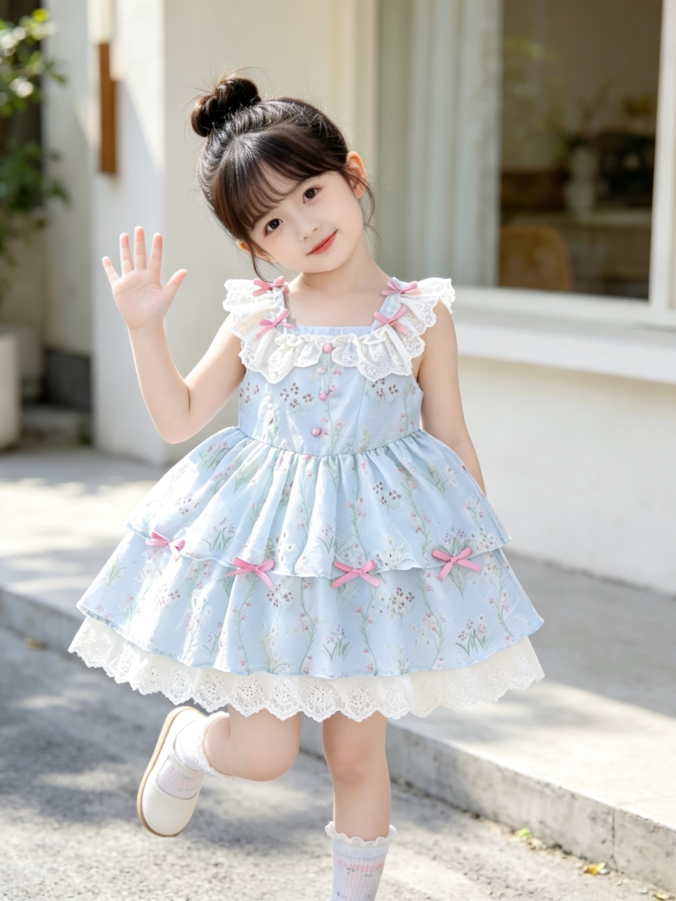 Girls Fresh-Style Lolita Sundress - Bow-Accent Puffy Princess Dress