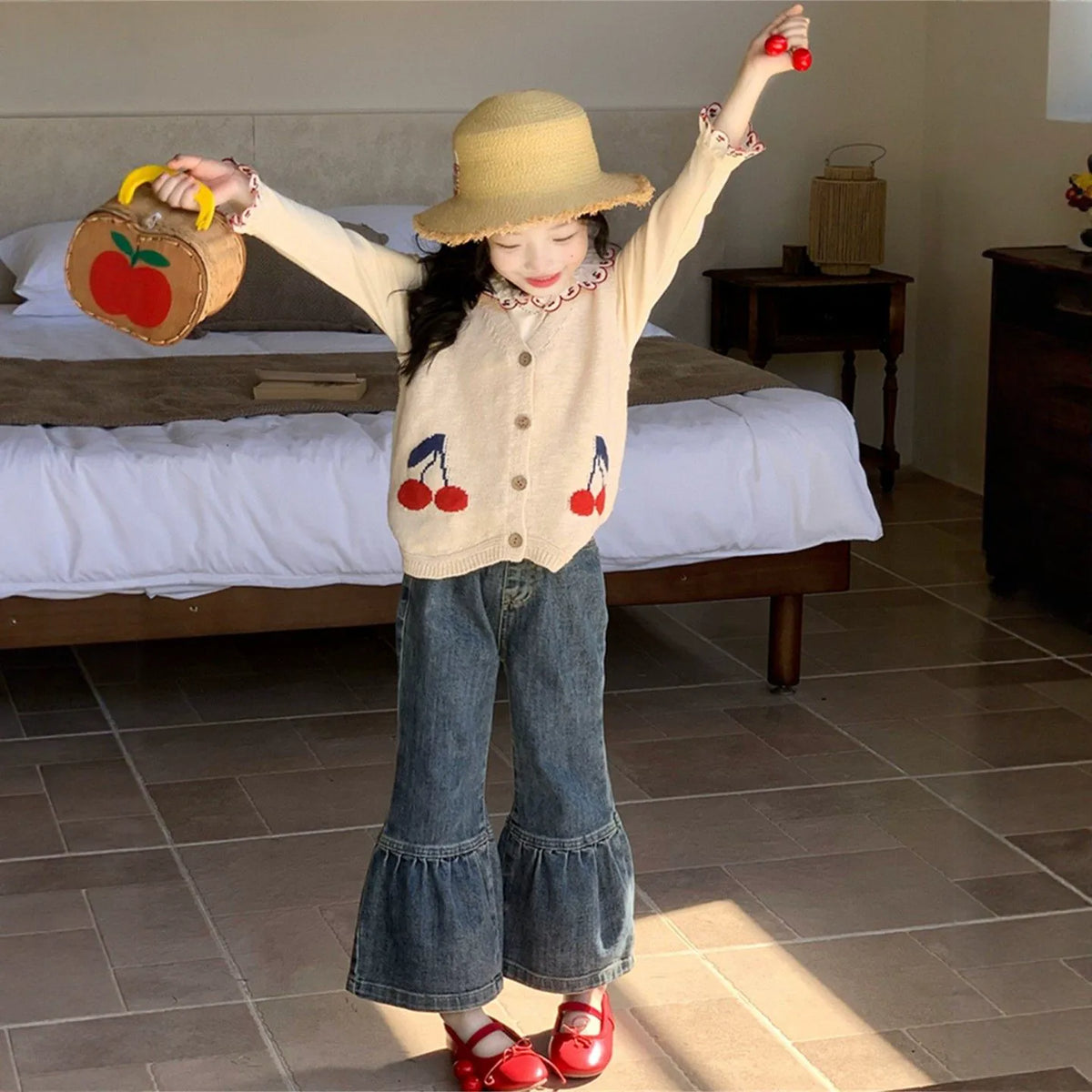 Girls Knit Vest, Tee & Jeans Three-Piece Set - Cherry Print Autumn Separates