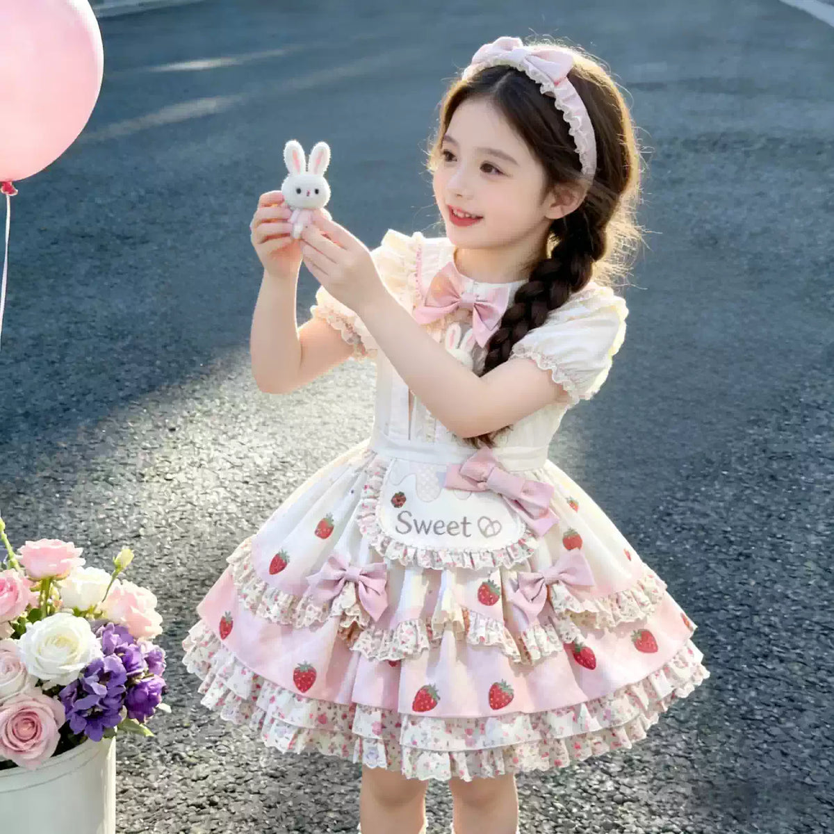 Girls Strawberry-Bunny Lolita Dress - Sleeveless Puffy Princess Gown