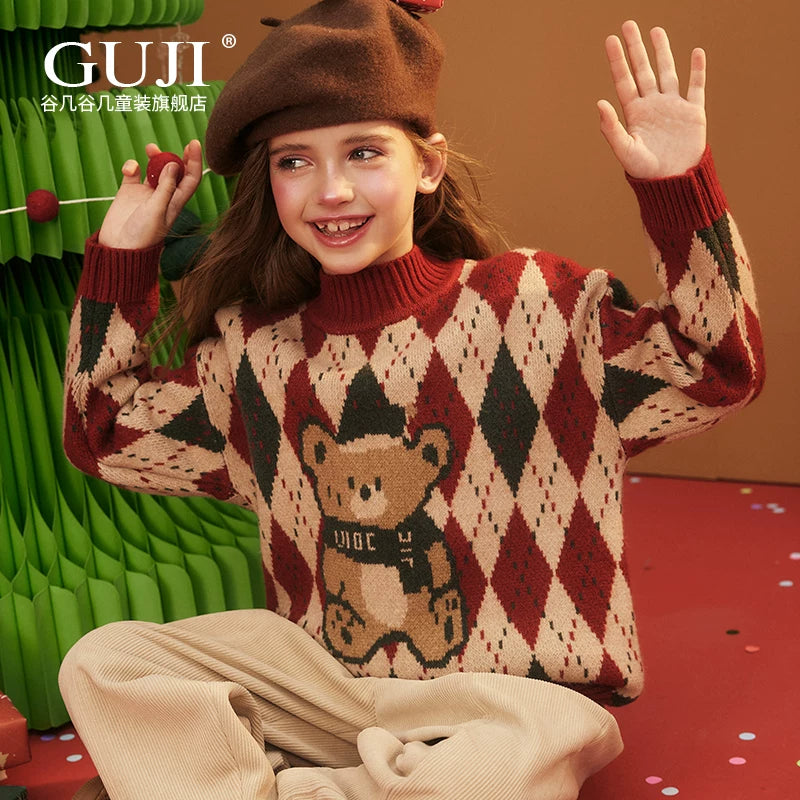 Girls Christmas Knit Cardigan - Festive Red Green Sweater Coat