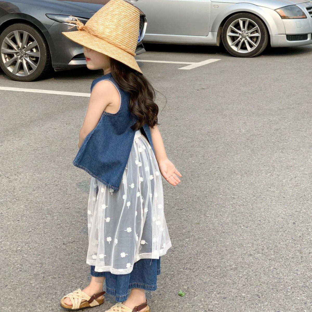 Girls Denim Vest & Wide-Leg Pants Set with Mesh Skirt - Summer Layering