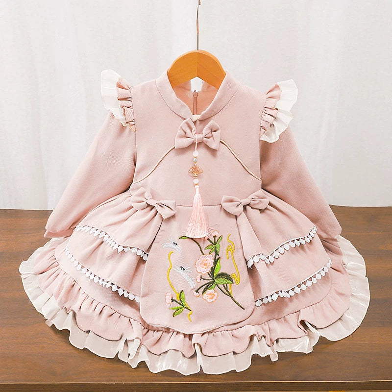 Girls Fleece-Lined New-Year Lolita Dress - Wine Red / Pink Princess Gown