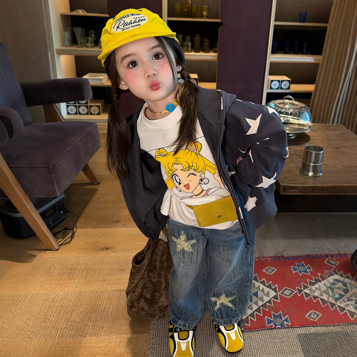Girls Star Print Hooded Zip Cardigan, Tee & Jeans Set - Autumn Separates