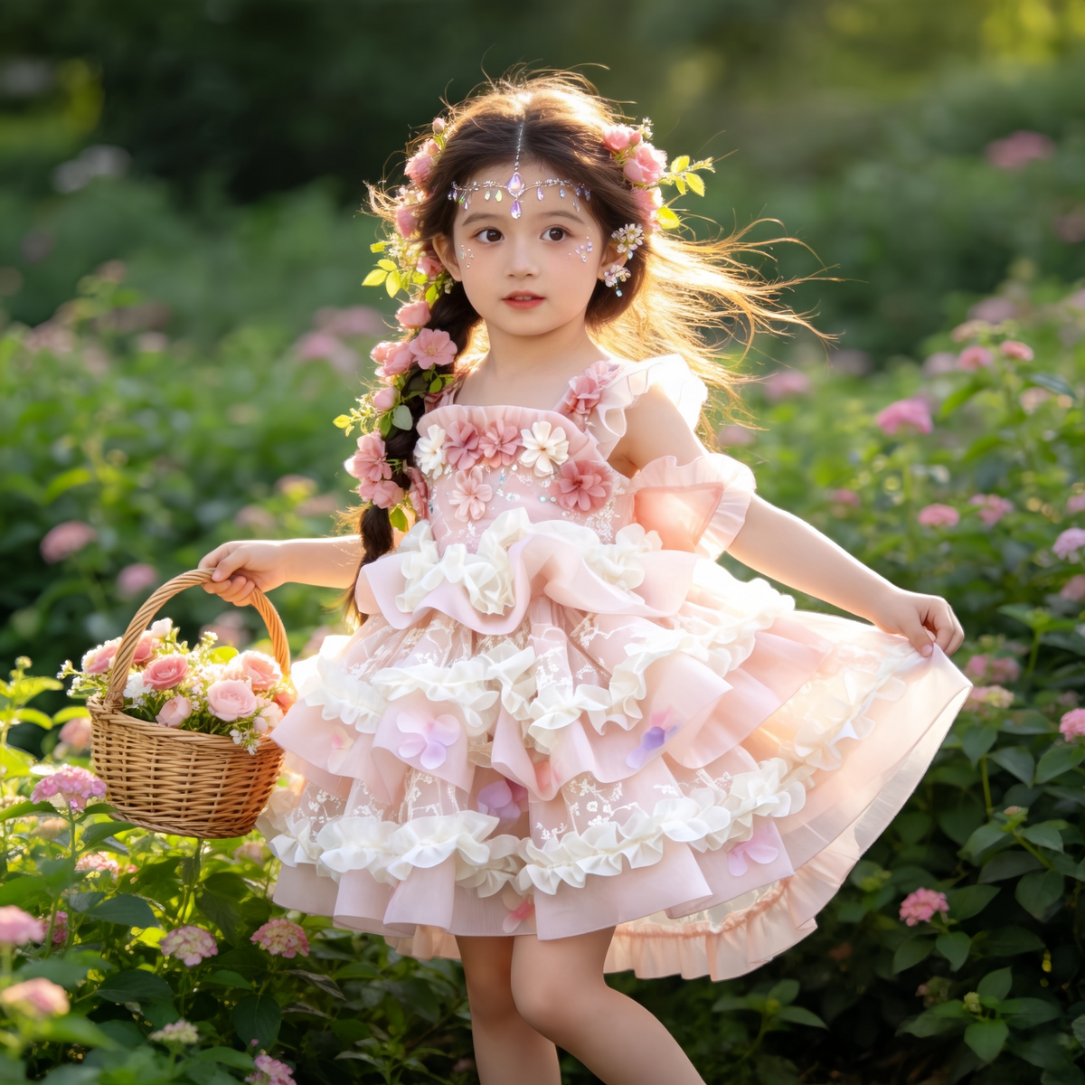 Girls Flower-Fairy Lolita Dress - Pink Puffy Birthday Gown with Train Option