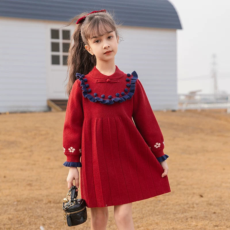 Girls Knit Princess Dress - New Year Celebration Long-Sleeve Gown