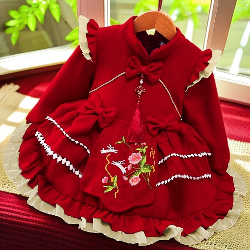 Girls Chinese-Style New-Year Lolita Dress - Red Fleece-Lined Birthday Gown