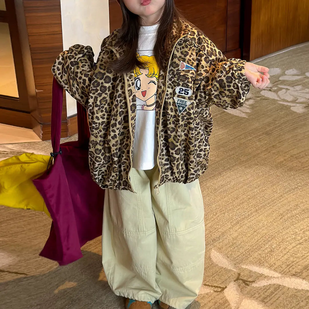 Girls Leopard Print Jacket Set - Retro Zip-Up Autumn Three-Piece
