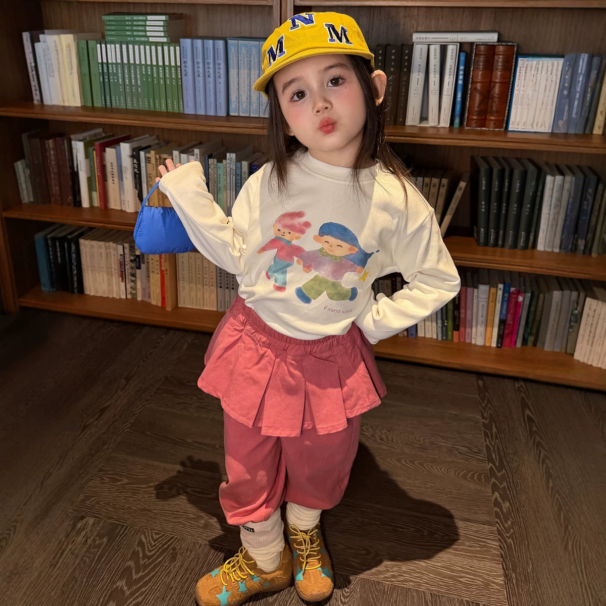 Girls Cartoon Print Tee & Skirt-Panel Pants Set - Korean Autumn Two-Piece