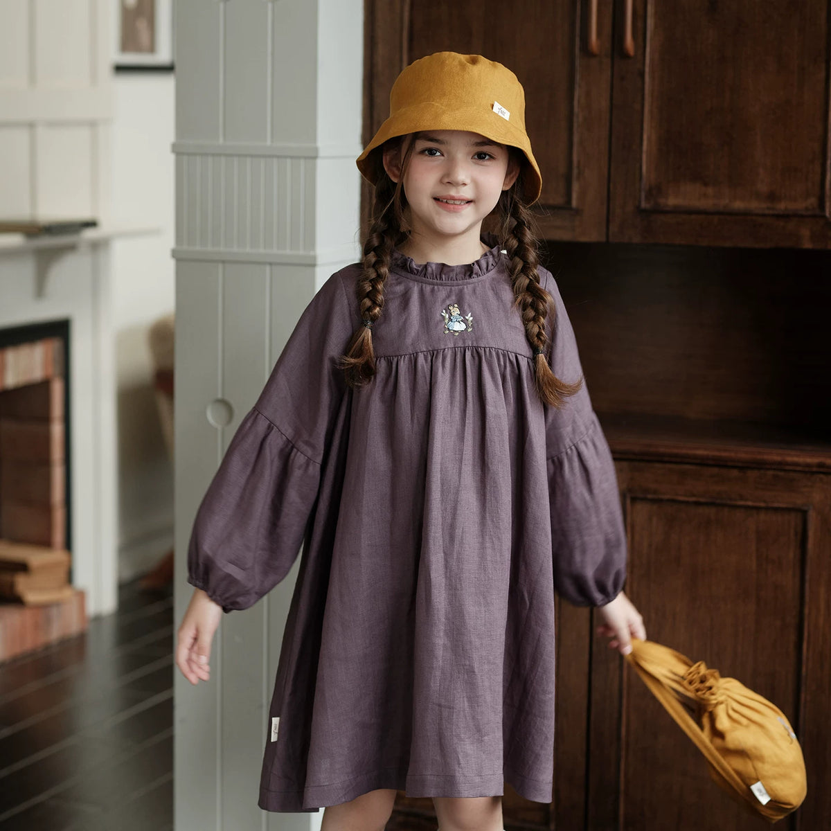 Belgian Linen Nordic Dress - Embroidered Long-Sleeve with Sash