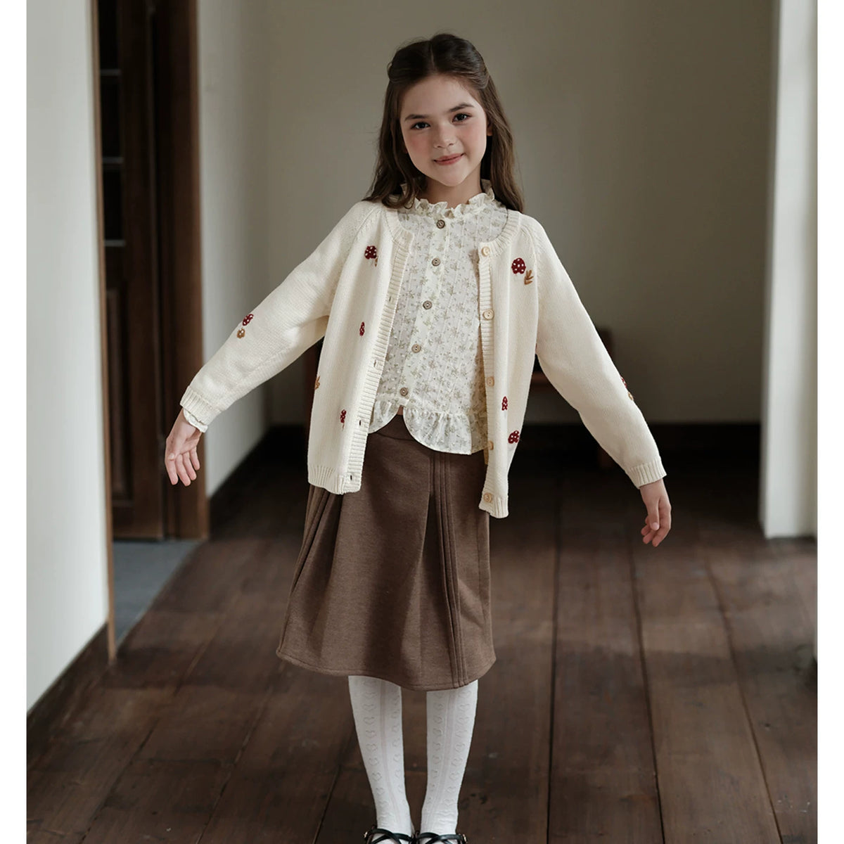 Girls Floral Cotton Top - Wool-Blend Long Sleeve Autumn