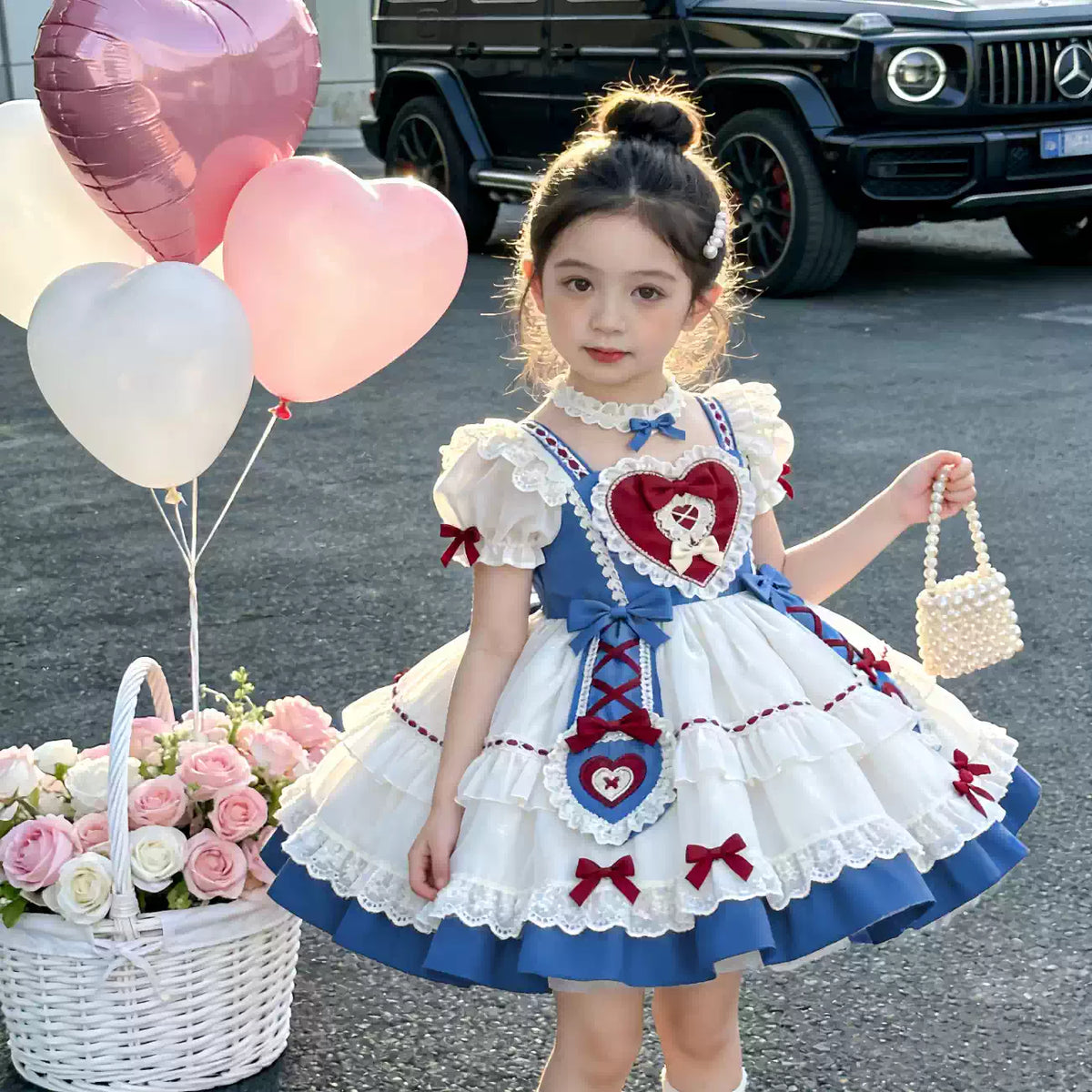 Girls Snow-White Lolita Dress - Sweet Puffy Birthday Stage Gown with Necklace Option