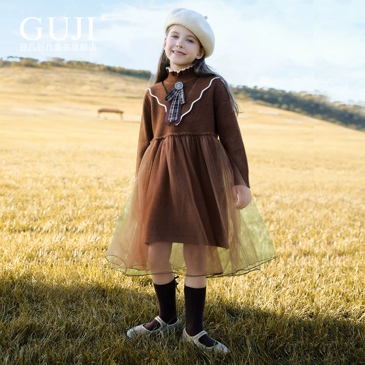 Girls Princess Tulle Sweater Dress - Midi Knit Gown with Mesh Skirt