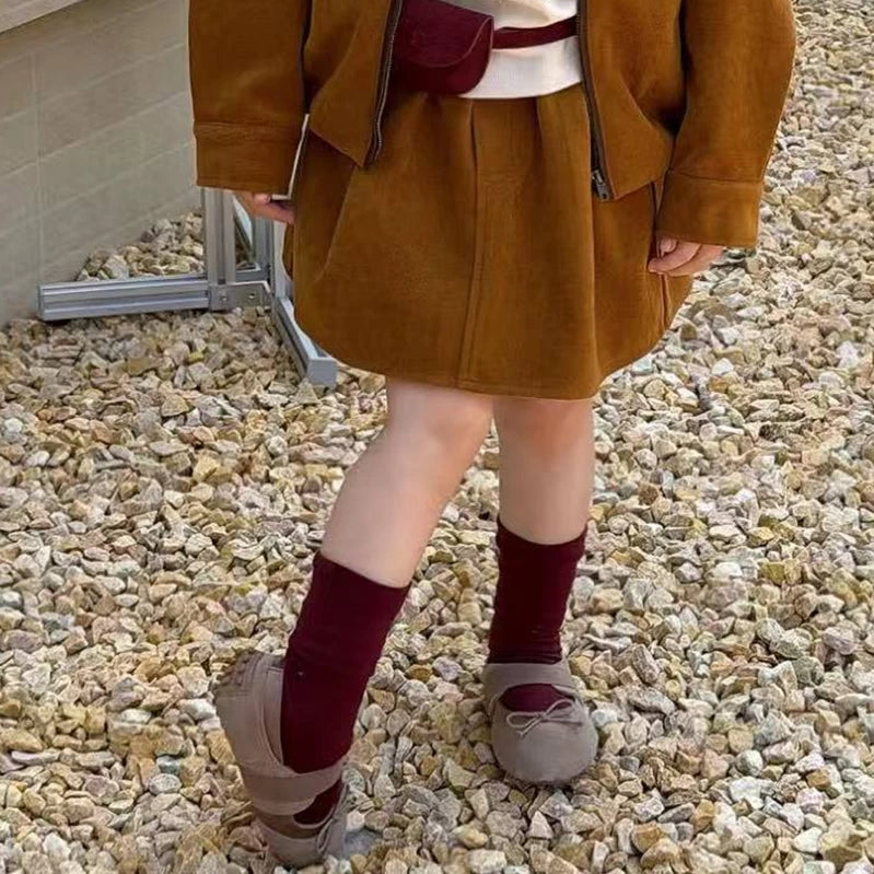 Girls Suede Jacket & Midi Skirt Set - Korean Autumn Two-Piece