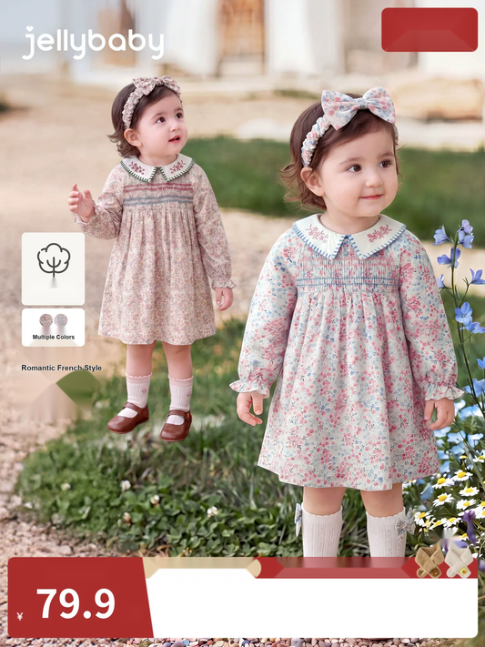 Jellybaby Girls Cotton Dress - French Collar Long Sleeve Autumn Dress