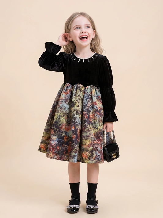 Girls Black Velvet Hepburn Dress - Long Sleeve