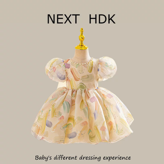 Girls Puff Sleeve Bow Dress - Birthday Party