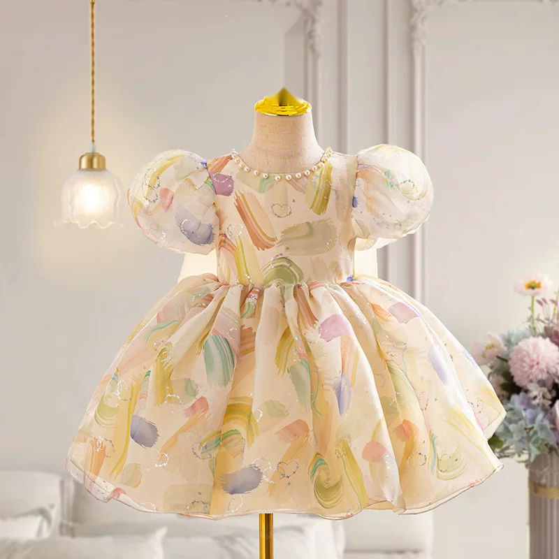 Girls Puff Sleeve Bow Dress - Birthday Party