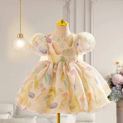 Girls Puff Sleeve Bow Dress - Birthday Party