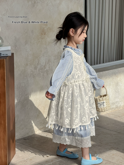 Girls Plaid Princess Dress Set - Tulle Pinafore