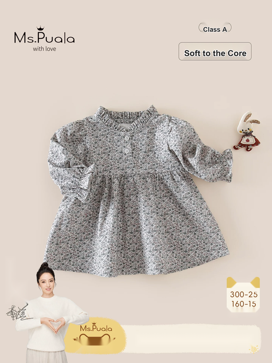 Girls Floral Cotton Dress - Puff Sleeve Autumn