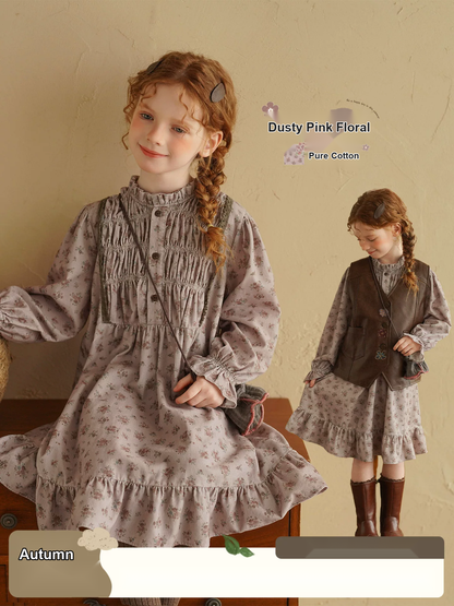 Girls Floral Long Sleeve Cotton Dress - French Vintage Autumn