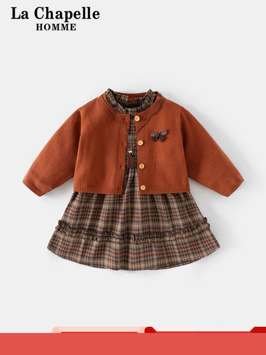 Girls Autumn Set - Plaid Princess Dress and Cardigan