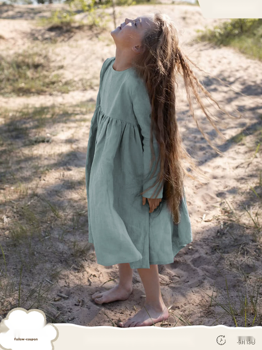 Girls Cotton Linen Dress - Solid Nordic Vintage