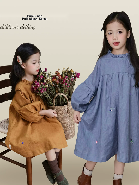 Girls Pure Linen Embroidered Dress - Puff Sleeve