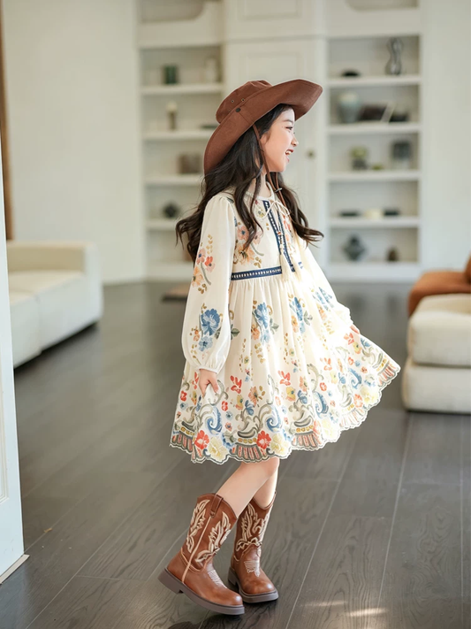 Girls Boho Dress - Ethnic Floral Print with Tassel