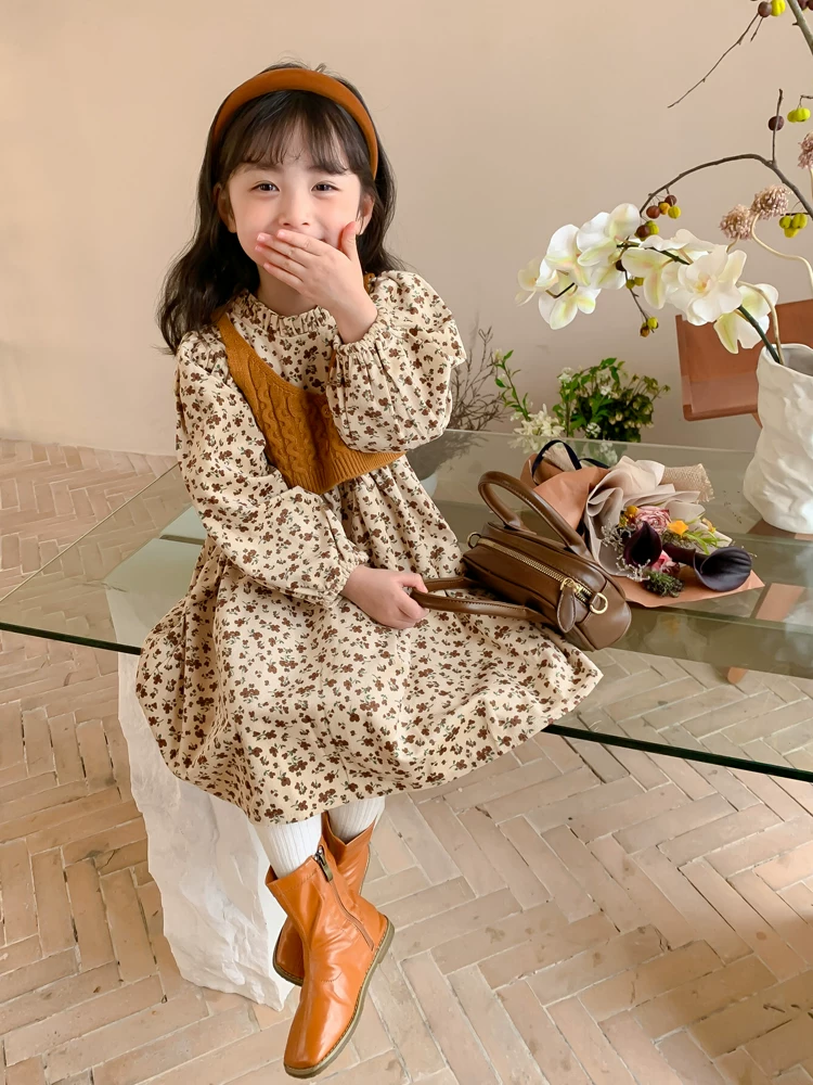 Girls Floral Dress and Knit Vest Set - Corduroy Two-Piece Autumn