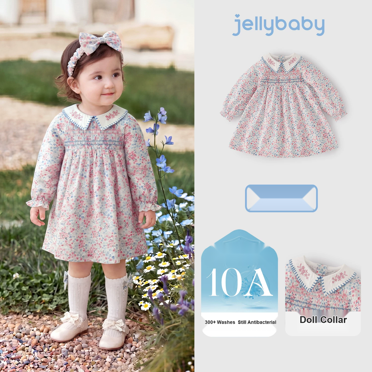 Jellybaby Girls Cotton Dress - French Collar Long Sleeve Autumn Dress