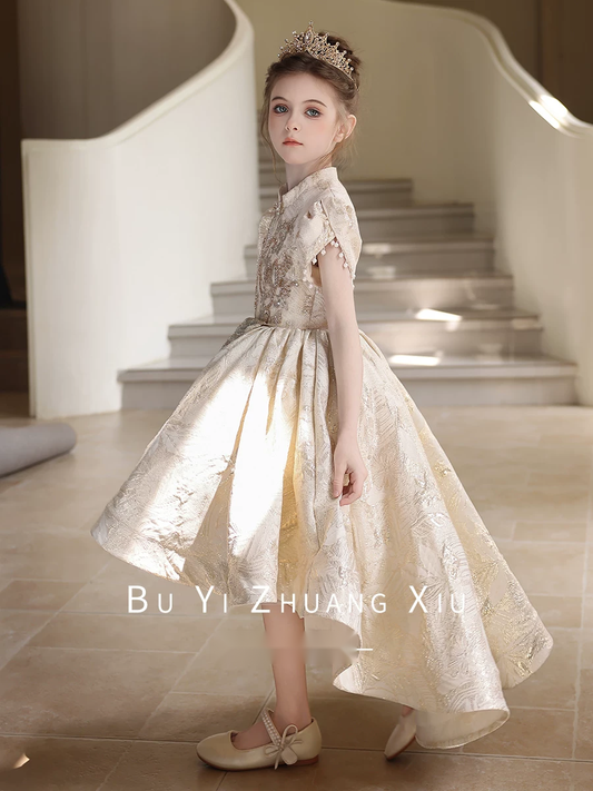 Girls Champagne High-Low Flower Girl Dress