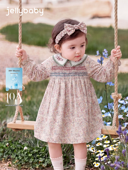 Jellybaby Girls Cotton Dress - French Collar Long Sleeve Autumn Dress