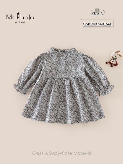 Girls Floral Cotton Dress - Puff Sleeve Autumn