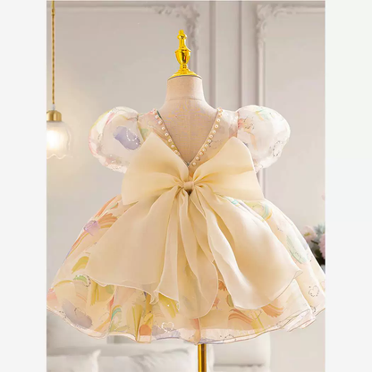 Girls Puff Sleeve Bow Dress - Birthday Party