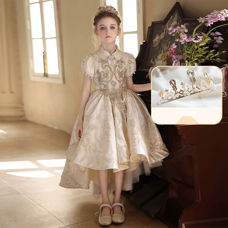 Girls Champagne High-Low Flower Girl Dress