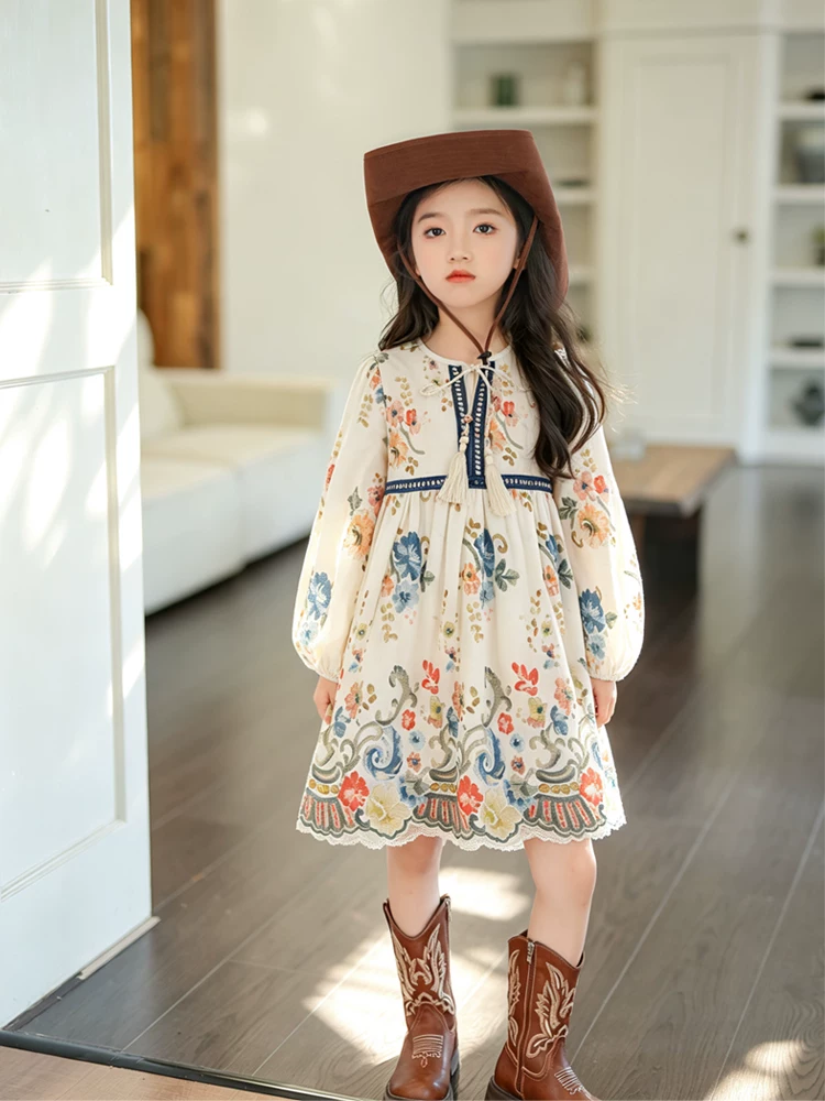 Girls Boho Dress - Ethnic Floral Print with Tassel