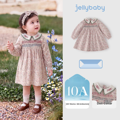Jellybaby Girls Cotton Dress - French Collar Long Sleeve Autumn Dress