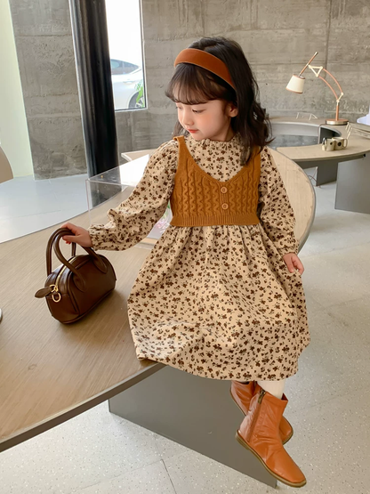 Girls Floral Dress and Knit Vest Set - Corduroy Two-Piece Autumn