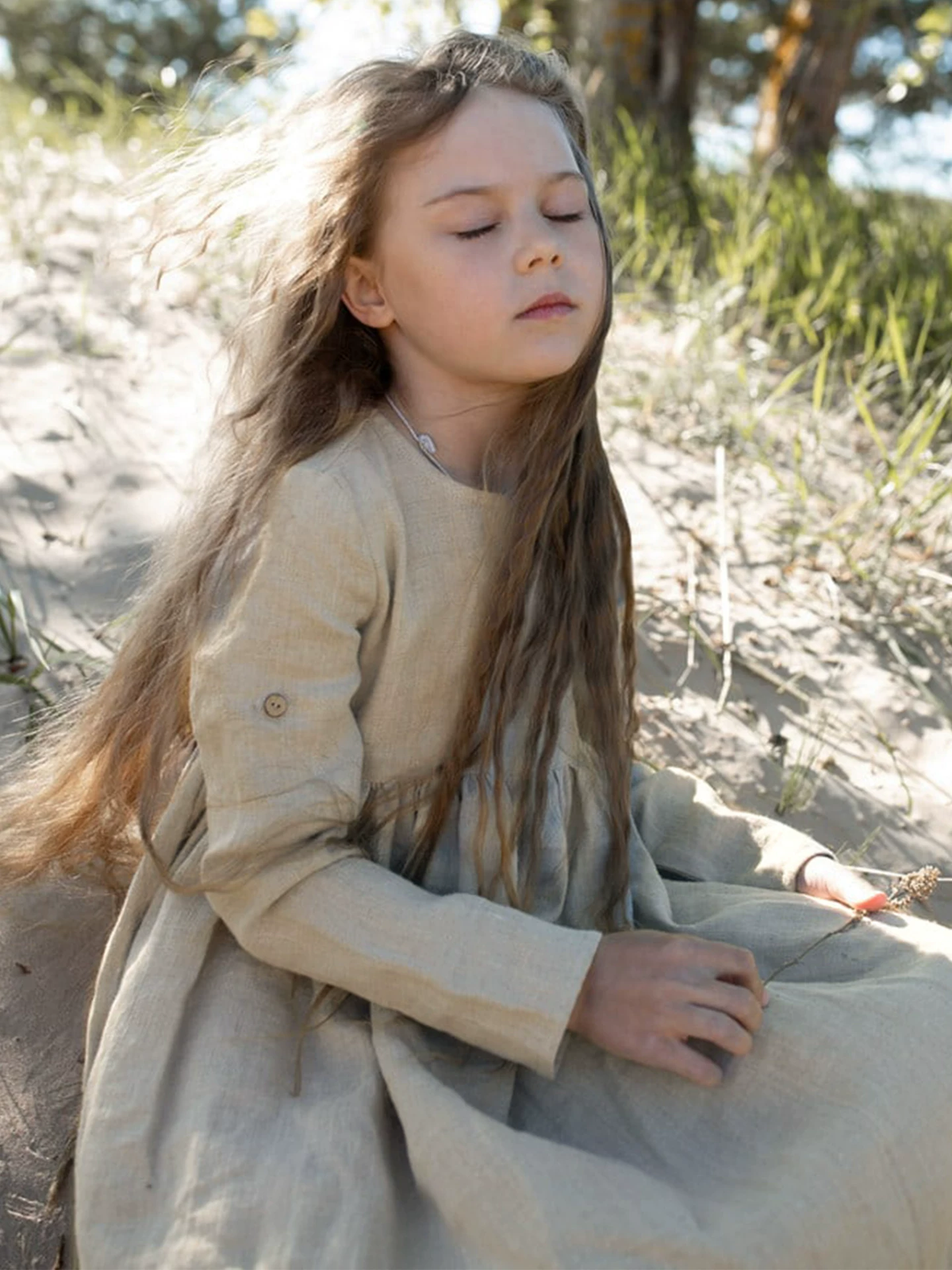 Girls Cotton Linen Dress - Solid Nordic Vintage