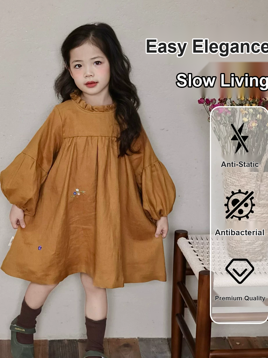 Girls Pure Linen Embroidered Dress - Puff Sleeve