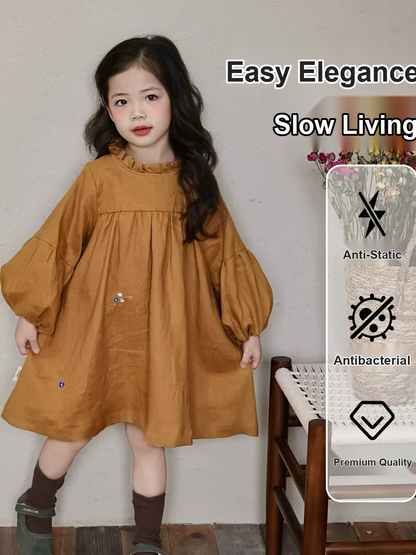 Girls Pure Linen Embroidered Dress - Puff Sleeve