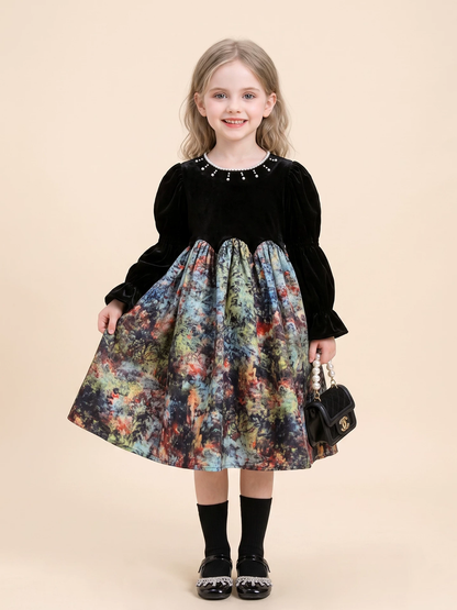 Girls Black Velvet Hepburn Dress - Long Sleeve